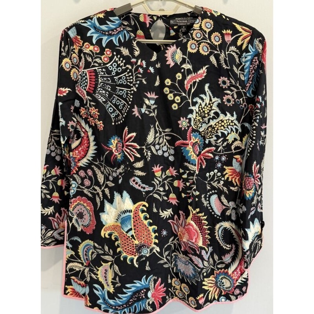 J Peterman Company Black Bold Print Kimono Tunic Long Sleeve India Made Size M